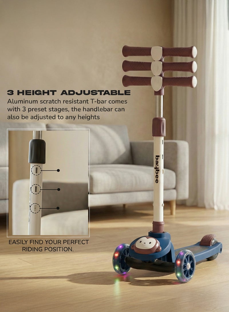 بيبي سكوتر مونكي للأطفال | سكوتر بثلاث عجلات للأطفال بثلاثة ارتفاعات قابلة للتعديل، مزود بإضاءة LED وموسيقى | سكوترات تزلج تتحمل وزنًا يصل إلى 50 كجم | سكوترات جري للأطفال من عمر سنتين إلى 10 سنوات، لون أزرق - Image 3